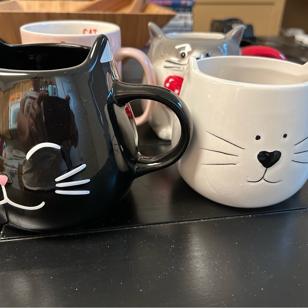 Cat-Themed Black and White Mugs Set bundle (4)